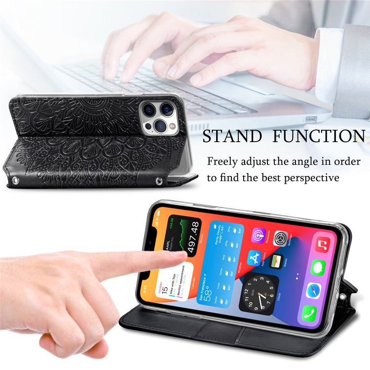For iPhone 12 Pro Max Blooming Mandala Embossed Pattern Magnetic Horizontal Flip Leather Case with Holder & Card Slots & Wallet
