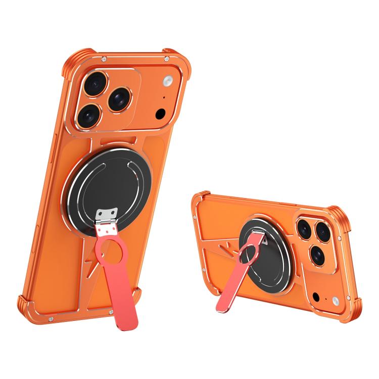 For iPhone 17 Pro Hollow Borderless MagSafe Aluminum Alloy Phone Case with Detachable Rotation Holder