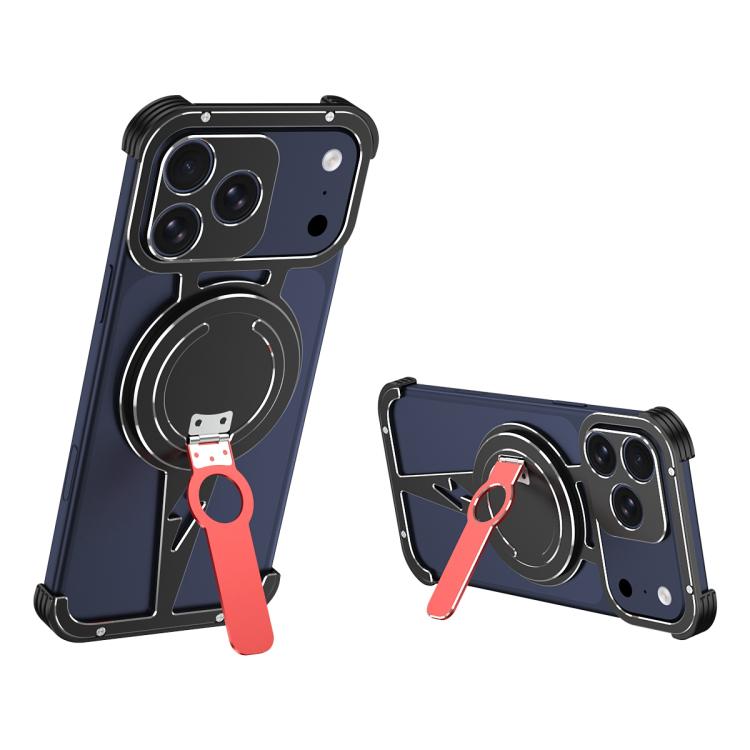For iPhone 17 Pro Hollow Borderless MagSafe Aluminum Alloy Phone Case with Detachable Rotation Holder