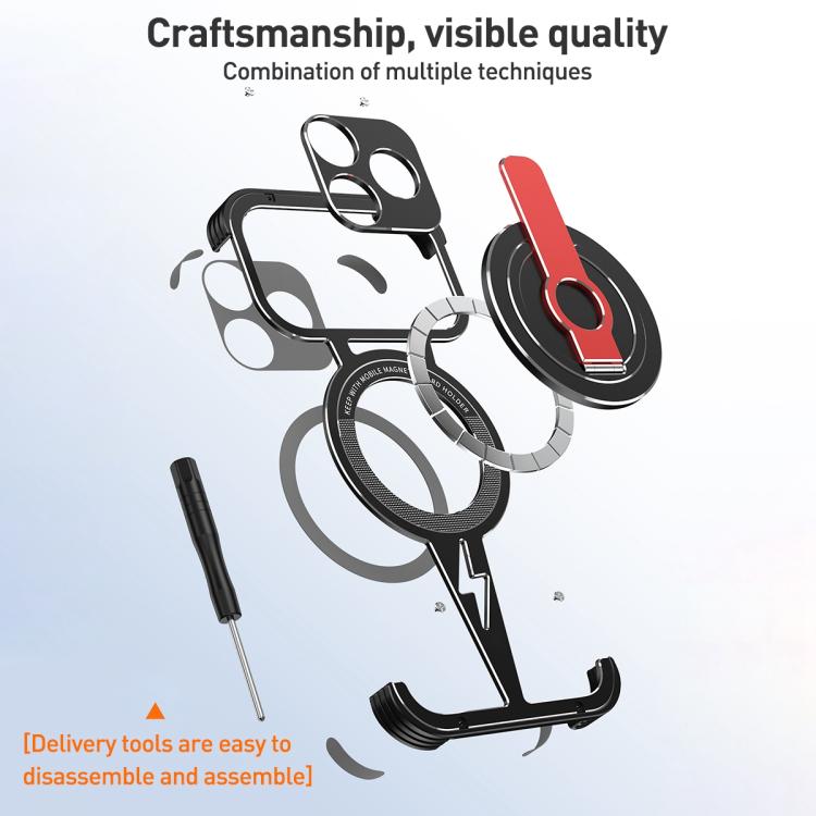 For iPhone 17 Pro Hollow Borderless MagSafe Aluminum Alloy Phone Case with Detachable Rotation Holder