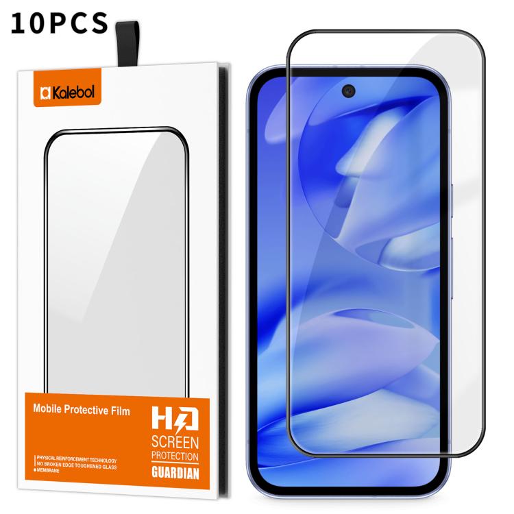 For Google Pixel 9a 10pcs Kalebol High-Aluminum Screen-Printed Full-Coverage Anti-Fingerprint Black-Bordered HD Tempered Glass Film