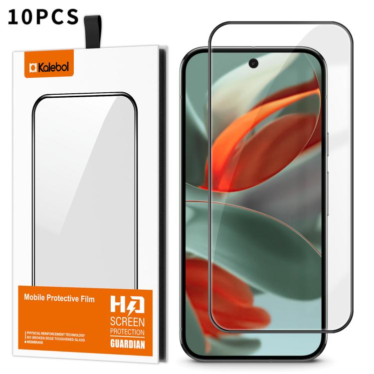 For Google Pixel 9 Pro 10pcs Kalebol High-Aluminum Screen-Printed Full-Coverage Anti-Fingerprint Black-Bordered HD Tempered Glass Film