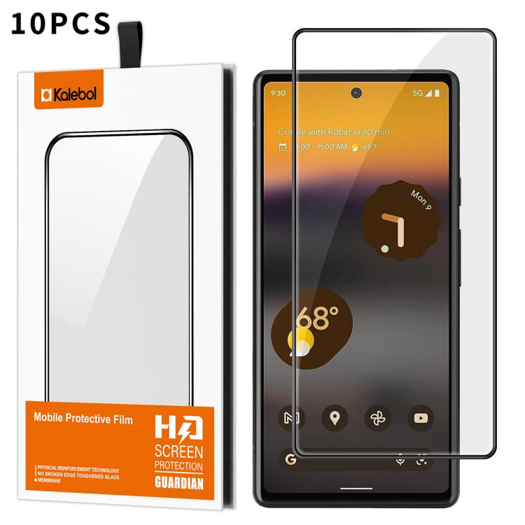 For Google Pixel 6a 10pcs Kalebol High-Aluminum Screen-Printed Full-Coverage Anti-Fingerprint Black-Bordered HD Tempered Glass Film