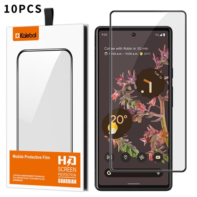 For Google Pixel 6 10pcs Kalebol High-Aluminum Screen-Printed Full-Coverage Anti-Fingerprint Black-Bordered HD Tempered Glass Film