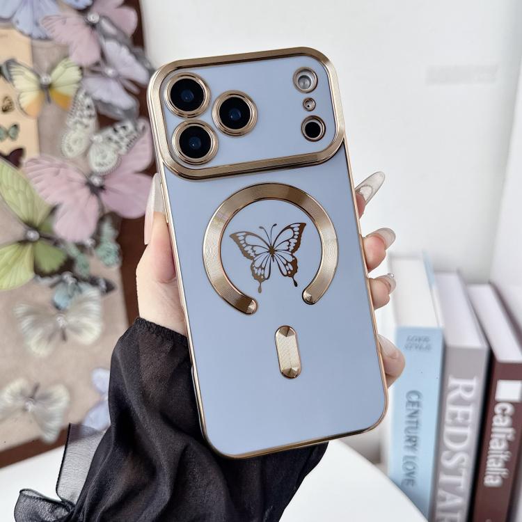 For iPhone 17 Pro Max Solid Color Side Electroplating Butterfly MagSafe TPU Phone Case