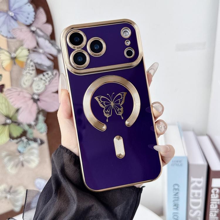 For iPhone 17 Pro Solid Color Side Electroplating Butterfly MagSafe TPU Phone Case