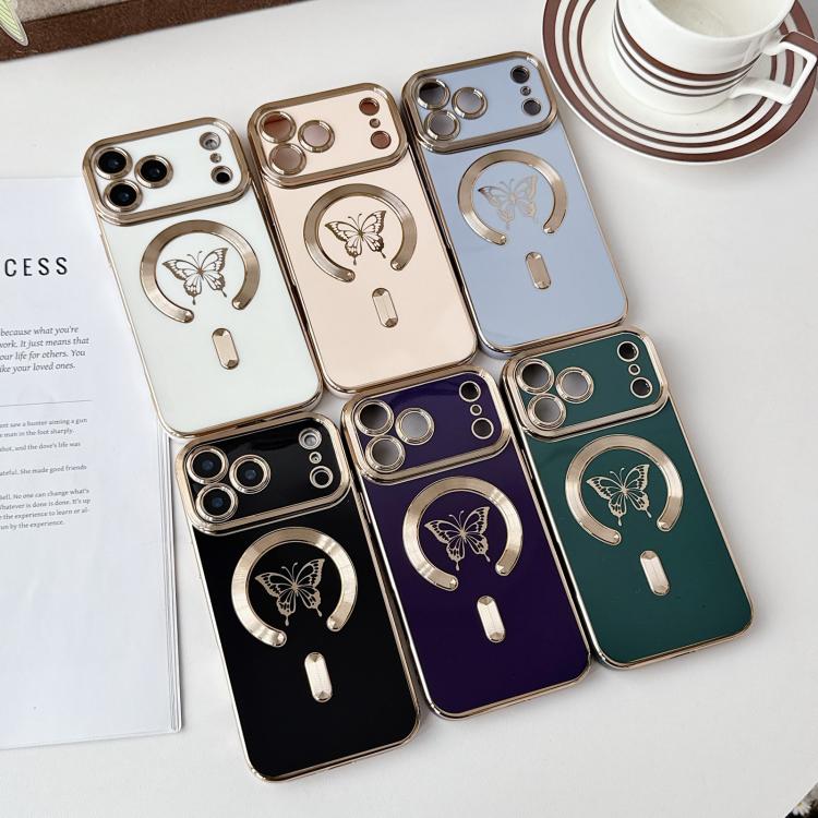 For iPhone 17 Pro Max Solid Color Side Electroplating Butterfly MagSafe TPU Phone Case