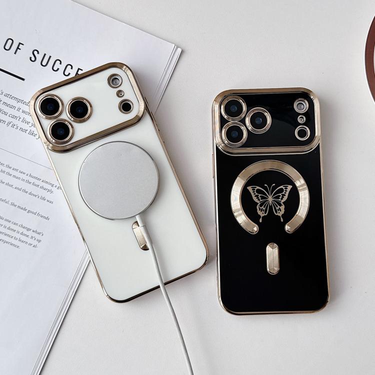For iPhone 17 Pro Max Solid Color Side Electroplating Butterfly MagSafe TPU Phone Case