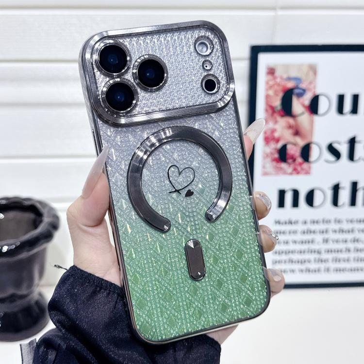 For iPhone 17 Pro Carbon Fiber Texture Loves Leaves Gradient MagSafe TPU Phone Case