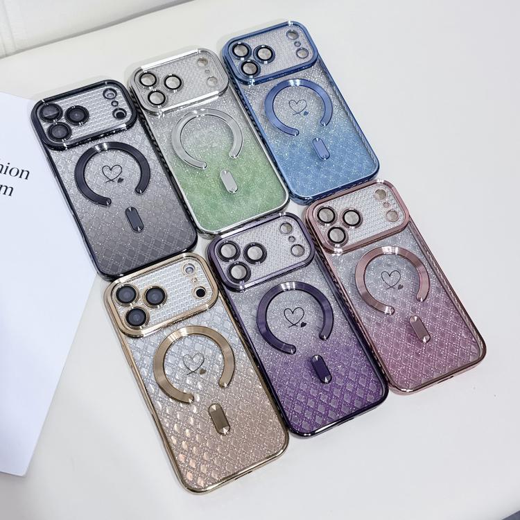 For iPhone 17 Pro Carbon Fiber Texture Loves Leaves Gradient MagSafe TPU Phone Case