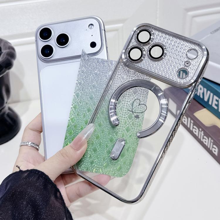 For iPhone 17 Pro Carbon Fiber Texture Loves Leaves Gradient MagSafe TPU Phone Case