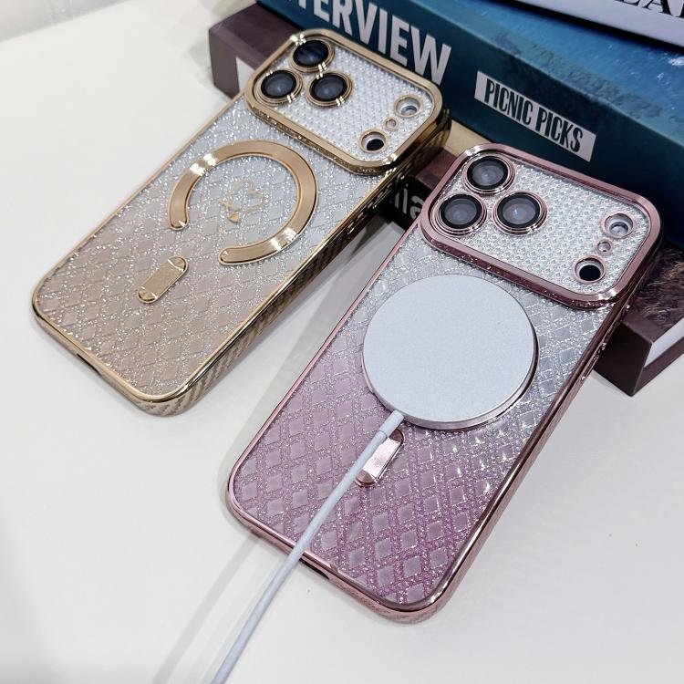 For iPhone 17 Pro Carbon Fiber Texture Loves Leaves Gradient MagSafe TPU Phone Case