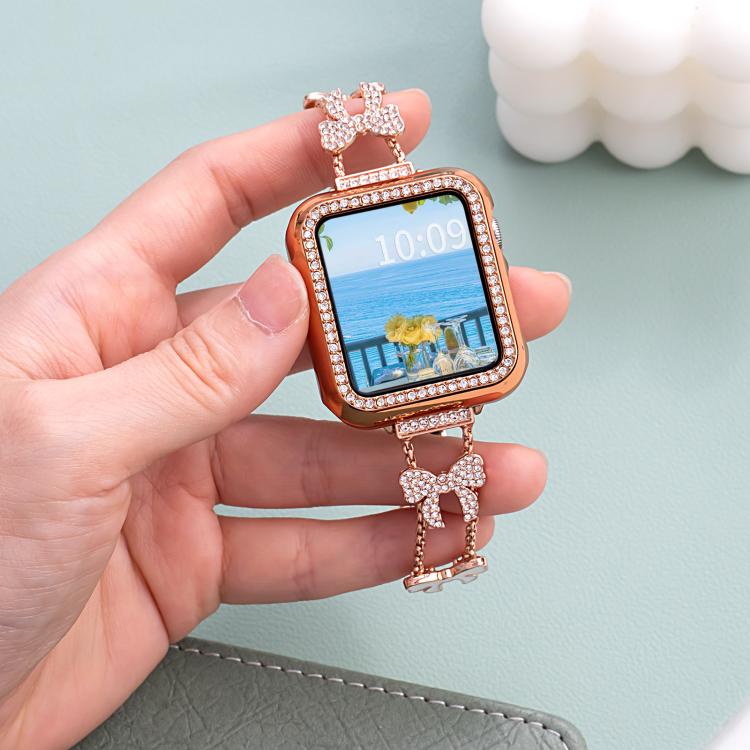 For Apple Watch 42 / 44 / 45 / 46 / 49mm xDfind Bowknot Chain Bracelet Diamond Metal Watch Band