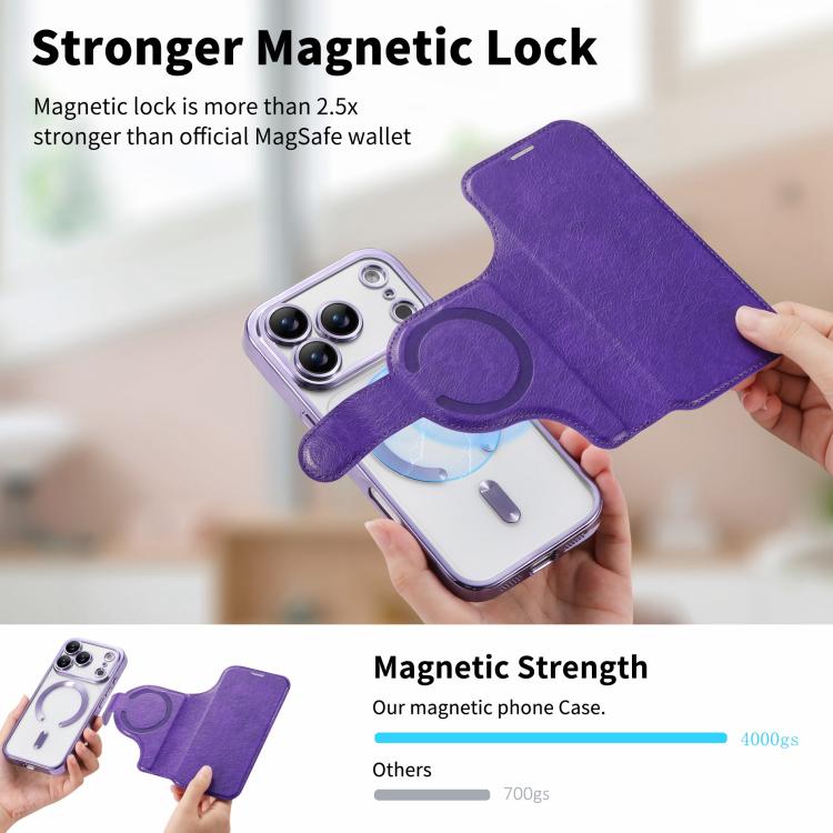 For iPhone 17 Pro Max Splitable Electroplated MagSafe RFID Anti-theft Leather Phone Case with Lens Film