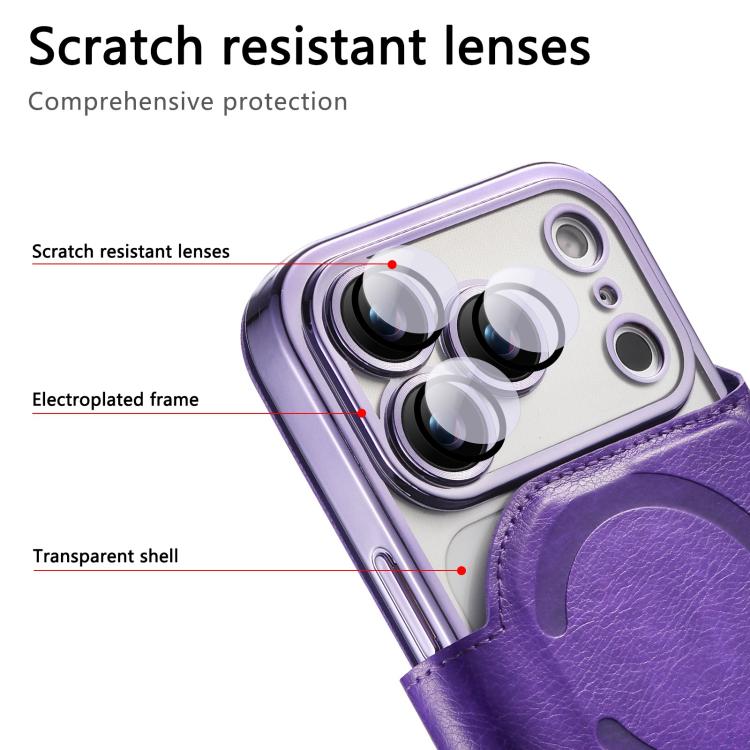 For iPhone 17 Pro Max Splitable Electroplated MagSafe RFID Anti-theft Leather Phone Case with Lens Film