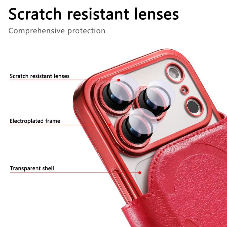 For iPhone 17 Pro Max Splitable Electroplated MagSafe RFID Anti-theft Leather Phone Case with Lens Film
