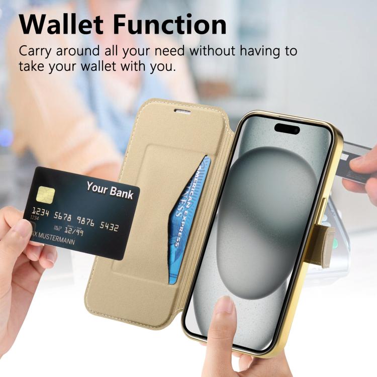 For iPhone 17 Pro Max Splitable Electroplated MagSafe RFID Anti-theft Leather Phone Case with Lens Film