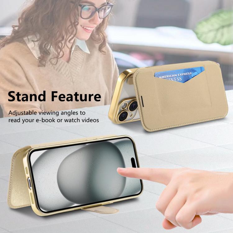 For iPhone 17 Pro Max Splitable Electroplated MagSafe RFID Anti-theft Leather Phone Case with Lens Film
