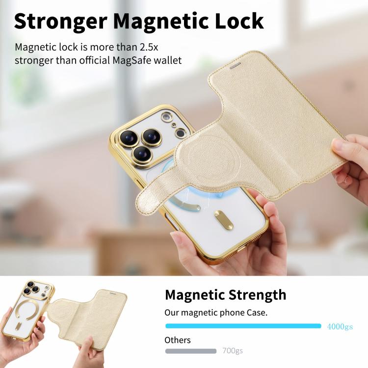 For iPhone 17 Pro Max Splitable Electroplated MagSafe RFID Anti-theft Leather Phone Case with Lens Film