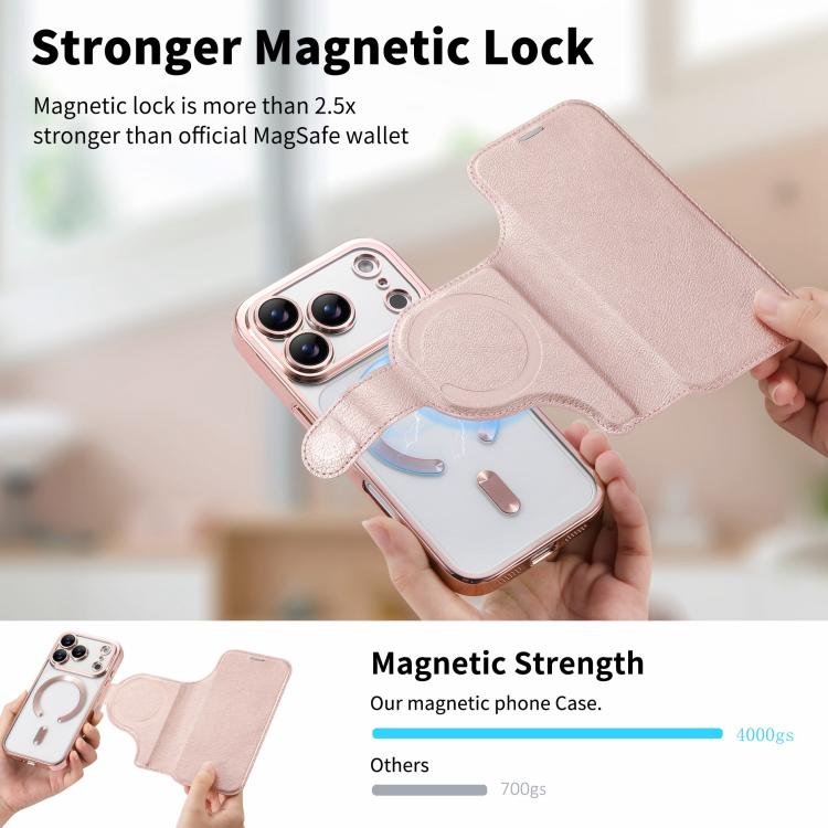 For iPhone 17 Pro Splitable Electroplated MagSafe RFID Anti-theft Leather Phone Case with Lens Film