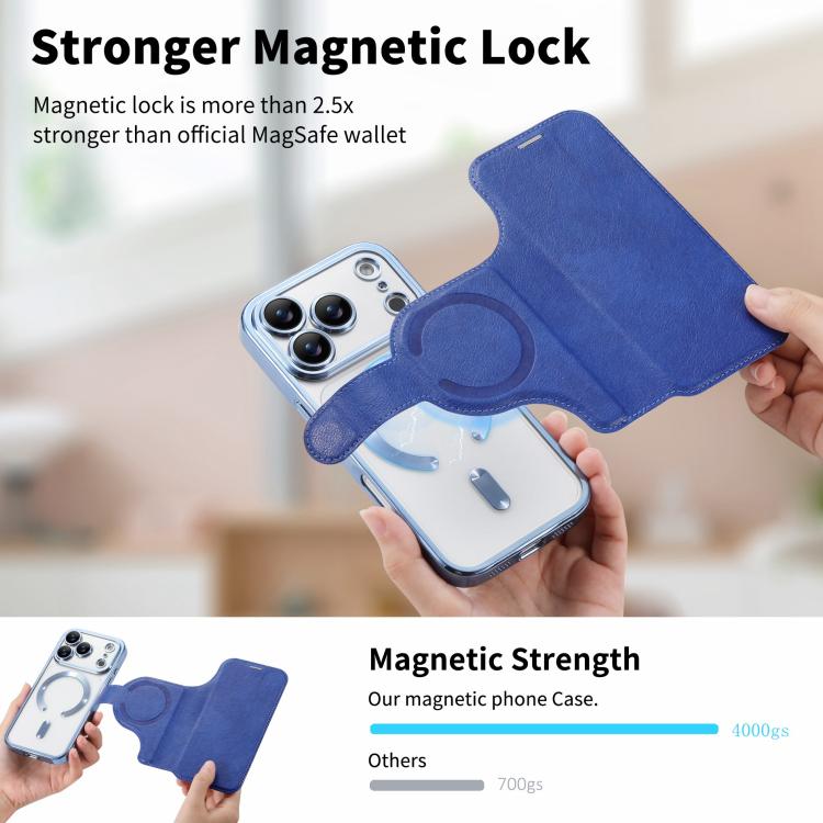 For iPhone 17 Pro Splitable Electroplated MagSafe RFID Anti-theft Leather Phone Case with Lens Film