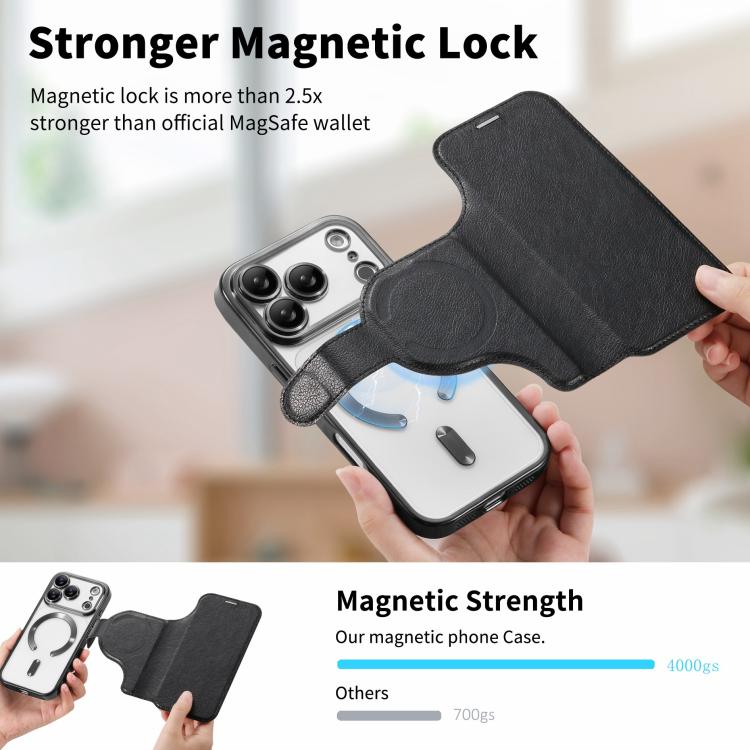 For iPhone 17 Pro Splitable Electroplated MagSafe RFID Anti-theft Leather Phone Case with Lens Film