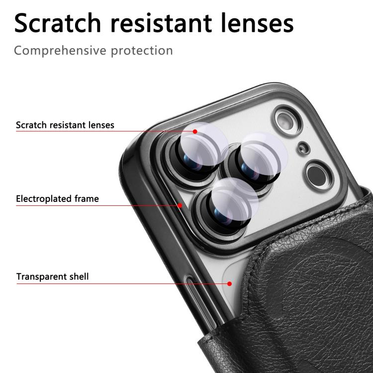 For iPhone 17 Pro Splitable Electroplated MagSafe RFID Anti-theft Leather Phone Case with Lens Film