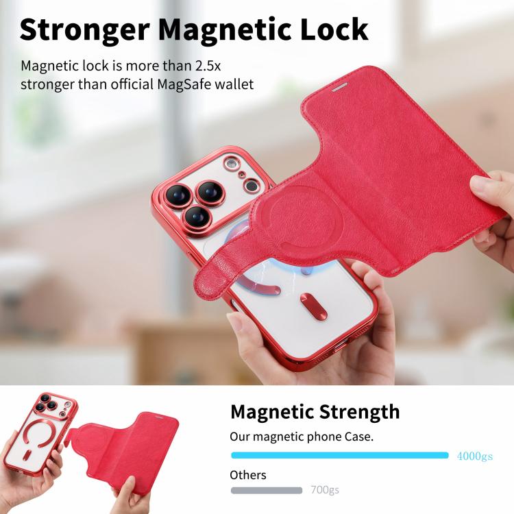 For iPhone 17 Pro Splitable Electroplated MagSafe RFID Anti-theft Leather Phone Case with Lens Film