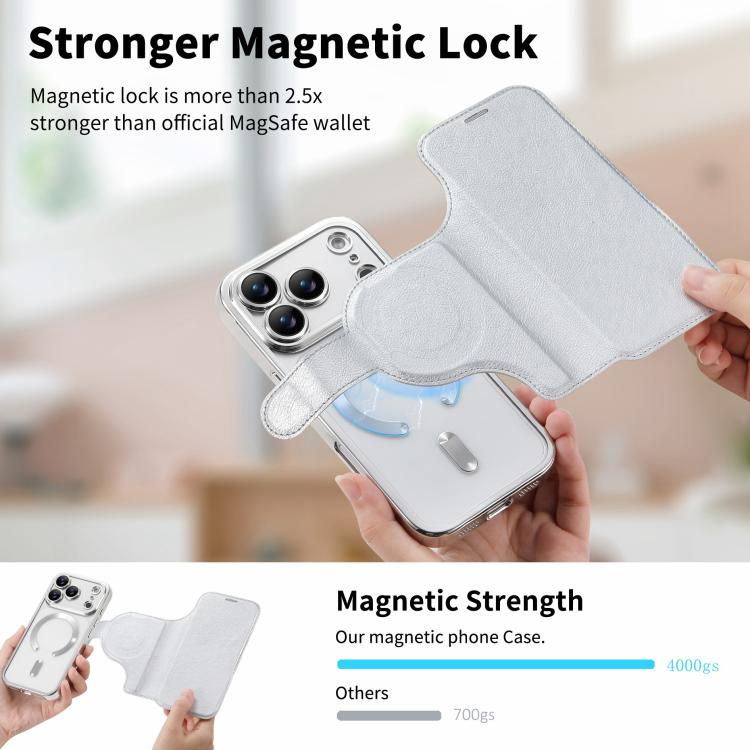 For iPhone 17 Pro Splitable Electroplated MagSafe RFID Anti-theft Leather Phone Case with Lens Film