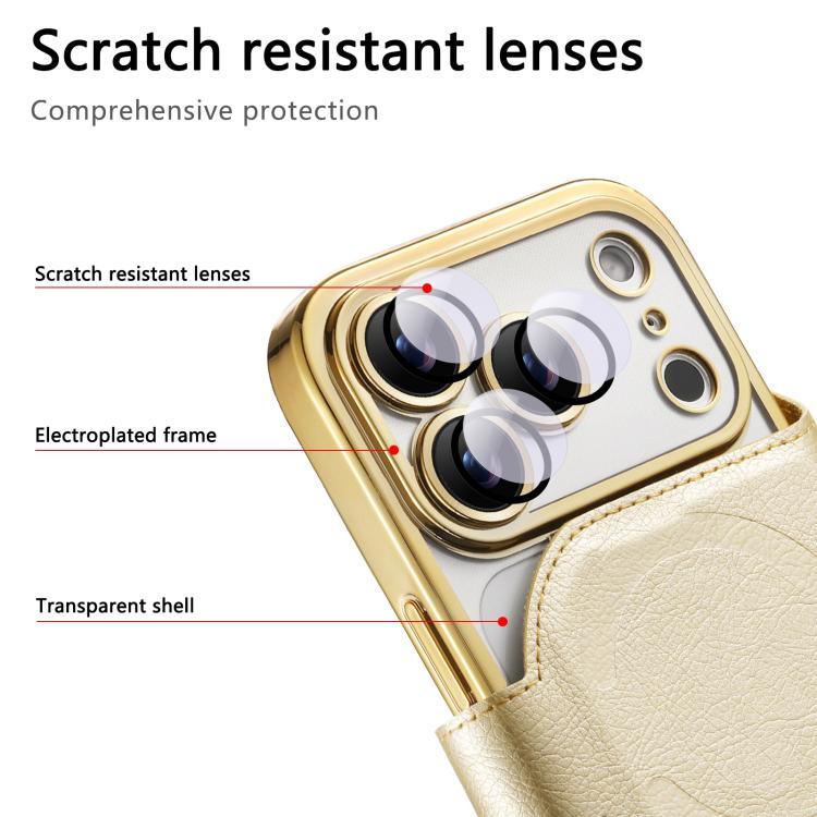 For iPhone 17 Pro Splitable Electroplated MagSafe RFID Anti-theft Leather Phone Case with Lens Film