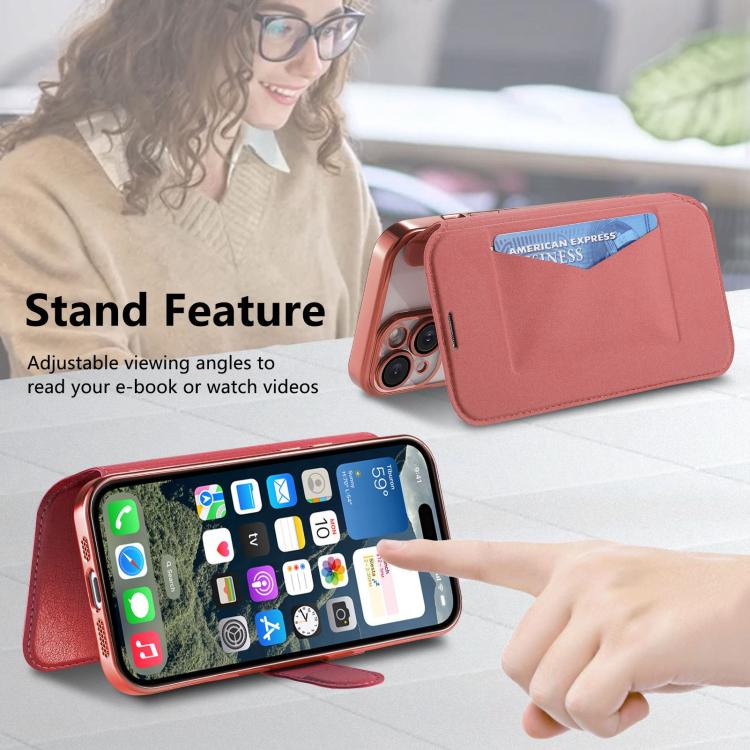 For iPhone 17 Splitable Electroplated MagSafe RFID Anti-theft Leather Phone Case with Lens Film