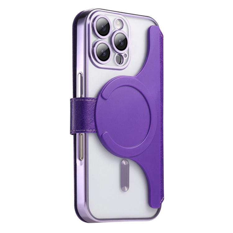 For iPhone 16 Pro Max Splitable Electroplated MagSafe RFID Anti-theft Leather Phone Case with Lens Film