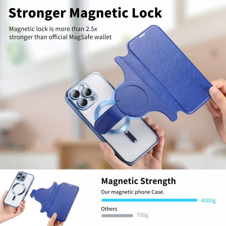 For iPhone 16 Pro Splitable Electroplated MagSafe RFID Anti-theft Leather Phone Case with Lens Film