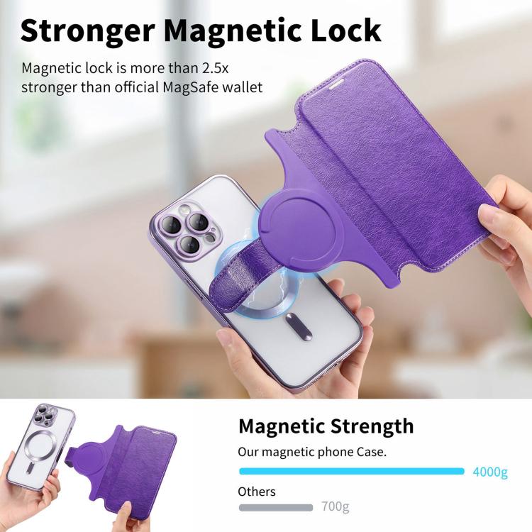For iPhone 16 Pro Splitable Electroplated MagSafe RFID Anti-theft Leather Phone Case with Lens Film