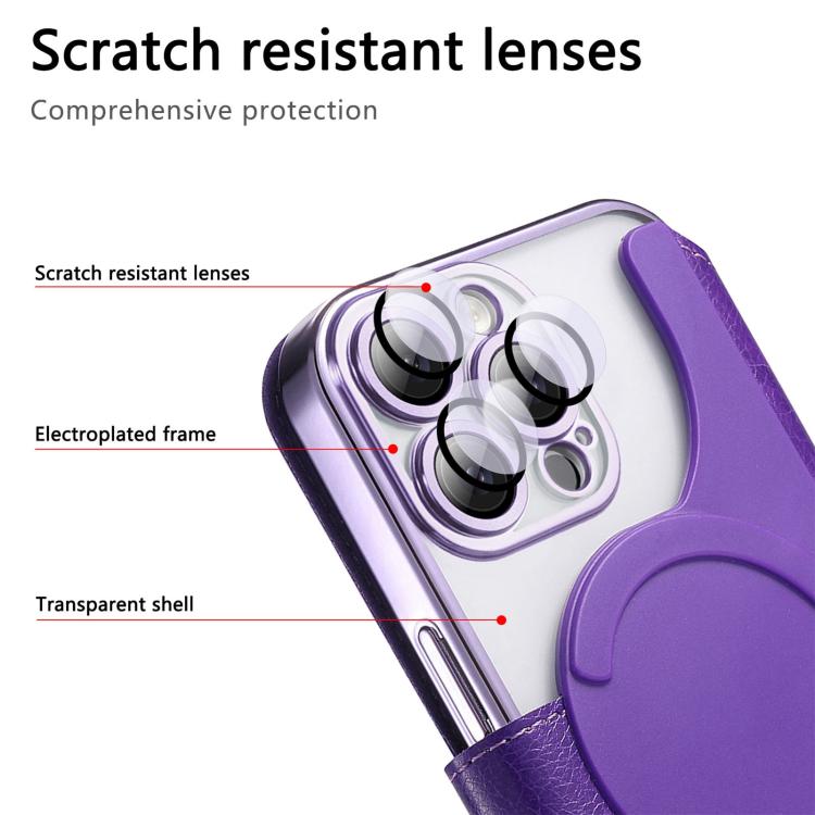 For iPhone 16 Pro Splitable Electroplated MagSafe RFID Anti-theft Leather Phone Case with Lens Film