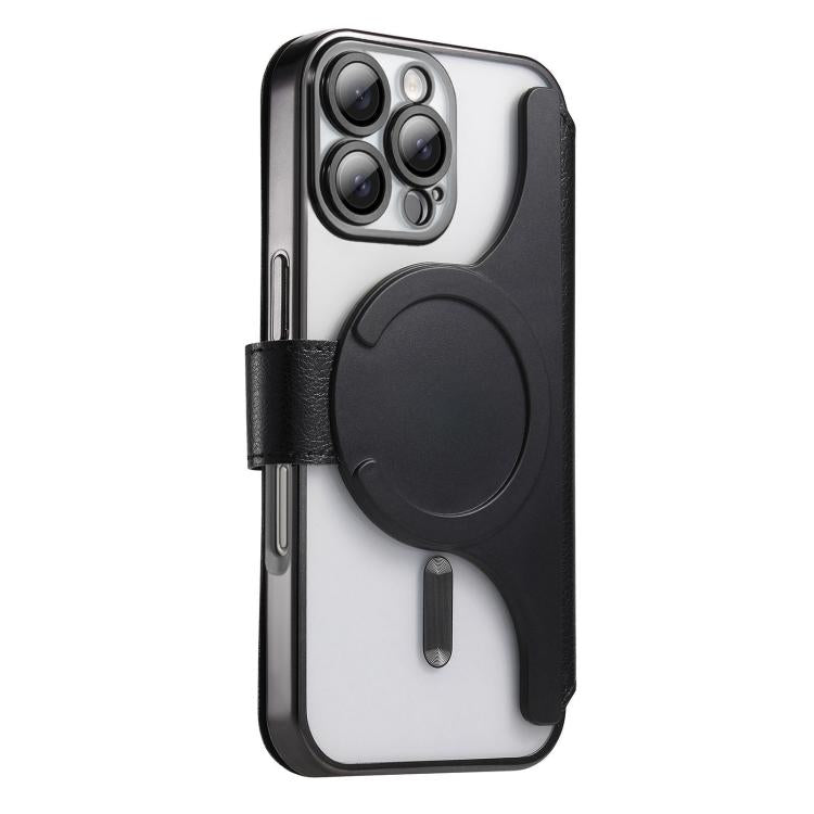 For iPhone 16 Pro Splitable Electroplated MagSafe RFID Anti-theft Leather Phone Case with Lens Film