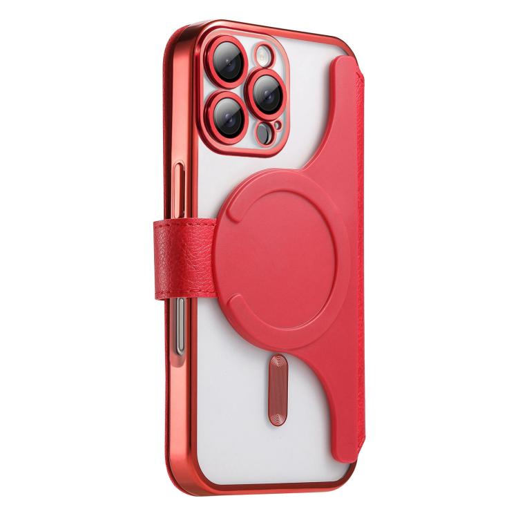 For iPhone 16 Pro Splitable Electroplated MagSafe RFID Anti-theft Leather Phone Case with Lens Film