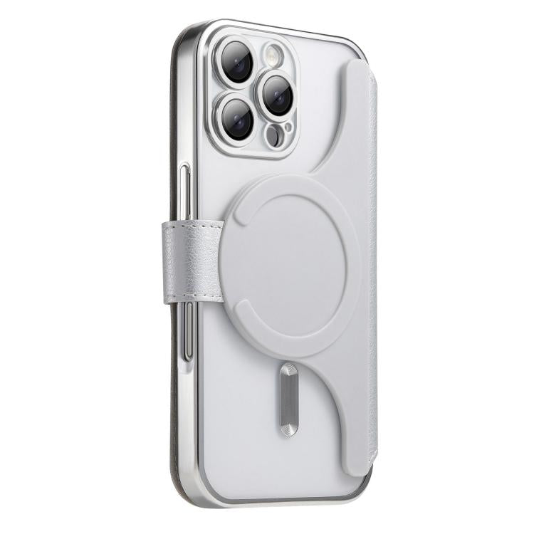 For iPhone 16 Pro Splitable Electroplated MagSafe RFID Anti-theft Leather Phone Case with Lens Film