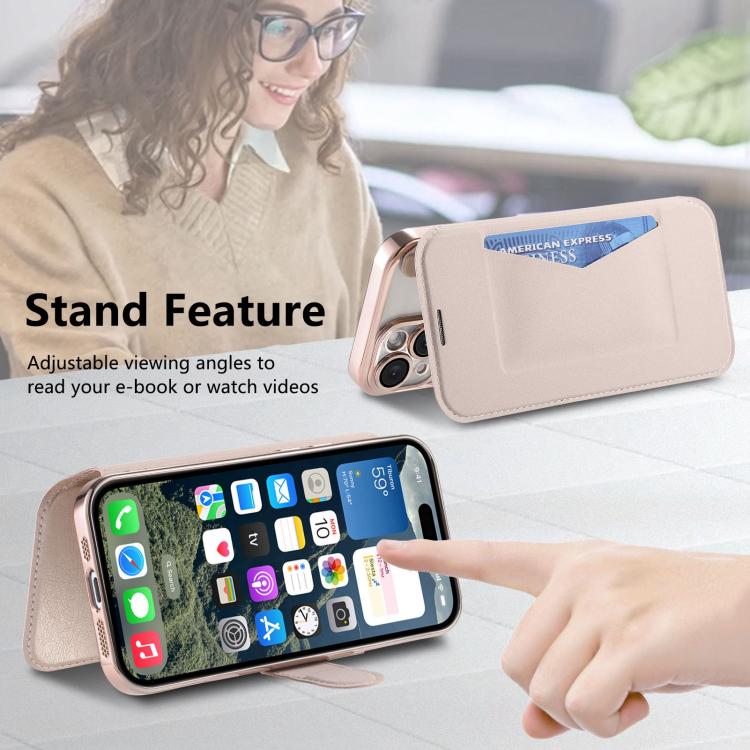 For iPhone 16 Plus Splitable Electroplated MagSafe RFID Anti-theft Leather Phone Case with Lens Film
