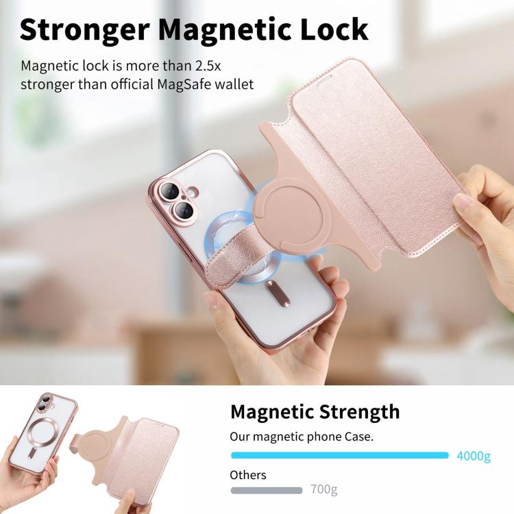 For iPhone 16 Plus Splitable Electroplated MagSafe RFID Anti-theft Leather Phone Case with Lens Film