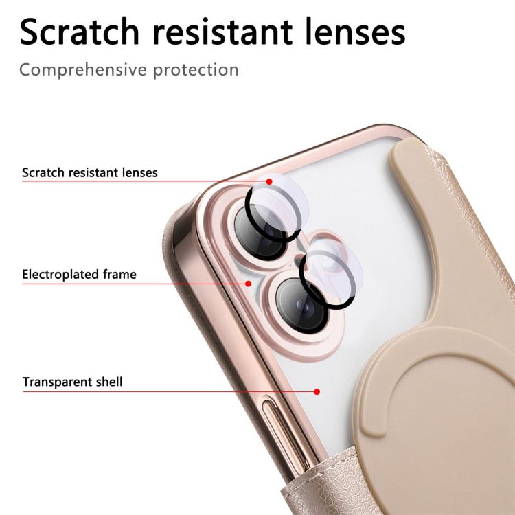 For iPhone 16 Plus Splitable Electroplated MagSafe RFID Anti-theft Leather Phone Case with Lens Film