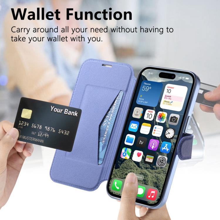 For iPhone 16 Plus Splitable Electroplated MagSafe RFID Anti-theft Leather Phone Case with Lens Film