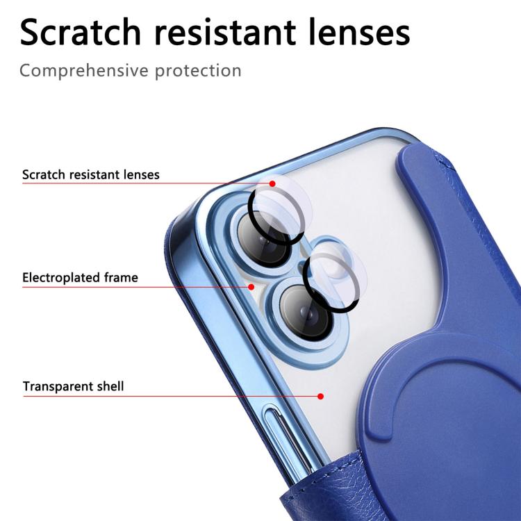 For iPhone 16 Plus Splitable Electroplated MagSafe RFID Anti-theft Leather Phone Case with Lens Film