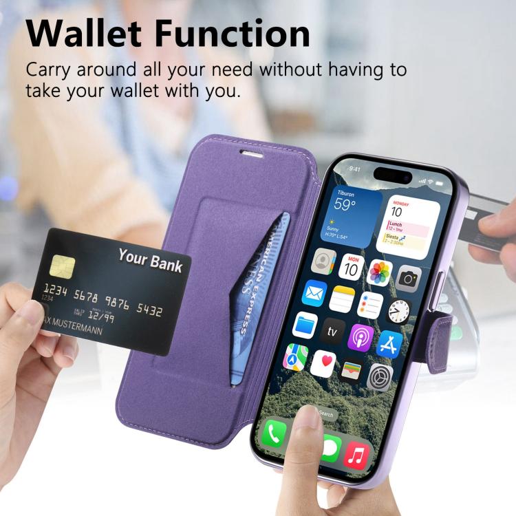 For iPhone 16 Plus Splitable Electroplated MagSafe RFID Anti-theft Leather Phone Case with Lens Film