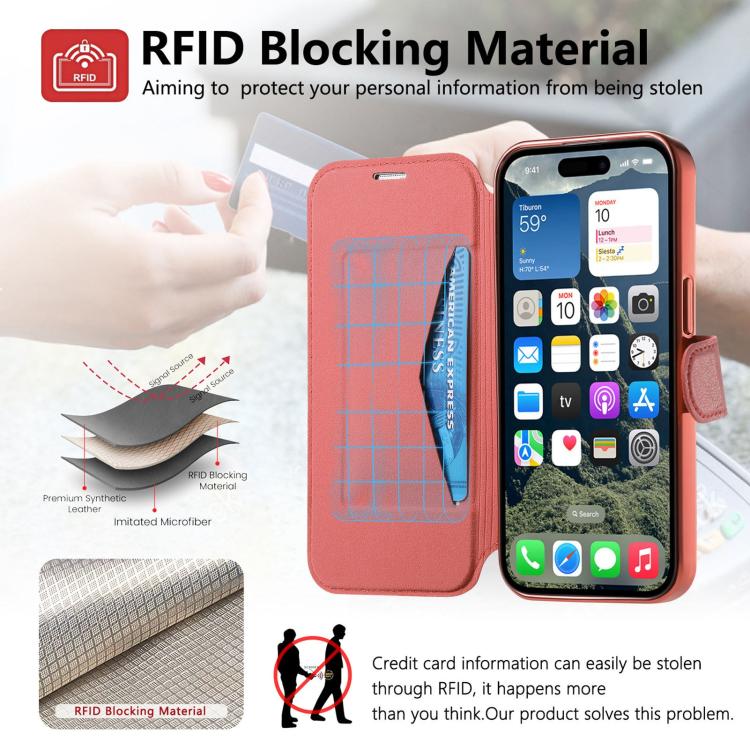 For iPhone 16 Plus Splitable Electroplated MagSafe RFID Anti-theft Leather Phone Case with Lens Film