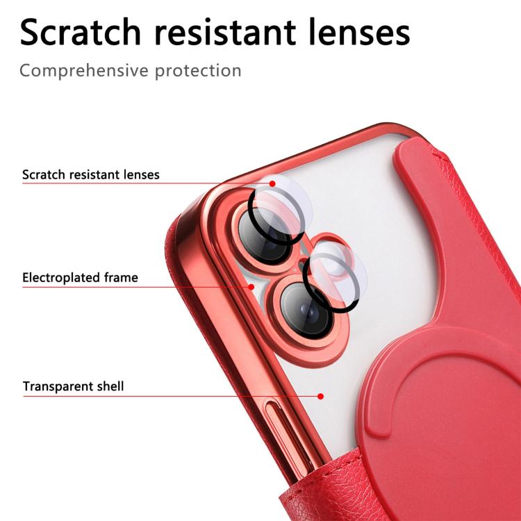 For iPhone 16 Plus Splitable Electroplated MagSafe RFID Anti-theft Leather Phone Case with Lens Film