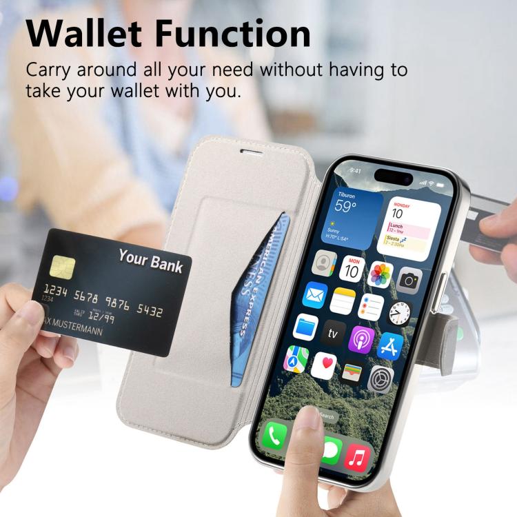 For iPhone 16 Plus Splitable Electroplated MagSafe RFID Anti-theft Leather Phone Case with Lens Film