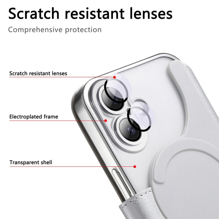 For iPhone 16 Plus Splitable Electroplated MagSafe RFID Anti-theft Leather Phone Case with Lens Film