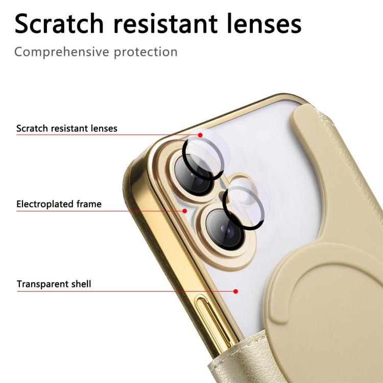 For iPhone 16 Plus Splitable Electroplated MagSafe RFID Anti-theft Leather Phone Case with Lens Film