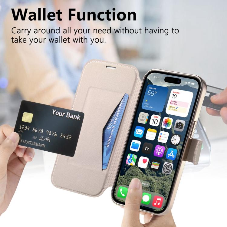 For iPhone 16 Splitable Electroplated MagSafe RFID Anti-theft Leather Phone Case with Lens Film